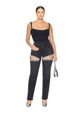 Good American Good Icon Straight Rhinestone Cutout Jeans Black Size 12 NWT